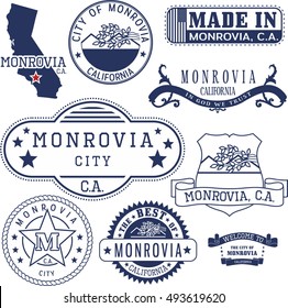 Monrovia City, California. Set Of Generic Stamps And Signs.