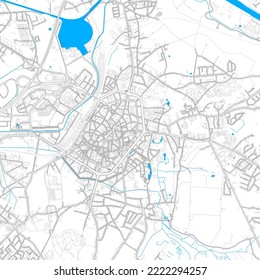 Mons, Hainaut, Belgium high resolution vector map with editable paths. Bright outlines for main roads. Use it for any printed and digital background. Blue shapes and lines for water.