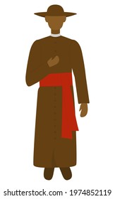 Monsignor is wearing a hat and brown clothes with red belt Isolated vector illustration 