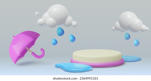 Monsoon 3D podium. Rain season vector scene with three dimensional style plastic clouds, wet puddles and opened umbrella. Modern showcase product background for sale and promotion design.