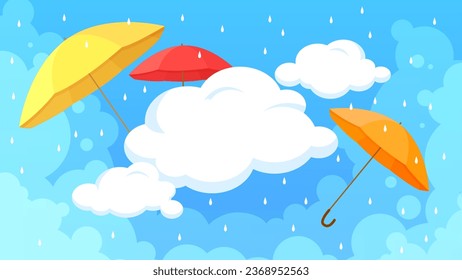 Monsoon autumn sales, seasonal promotion banner vector illustration. Cartoon yellow umbrella and red ribbon flying in blue rainy sky with rain, wind and storm, happy season for shopping and discounts