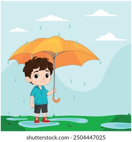 Fondo del monzón con un niño lindo que sostiene un paraguas en la Ilustración vectorial de la lluvia