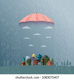 Monsoon background with umbrella protect the city from rain.Flat design vector illustration.