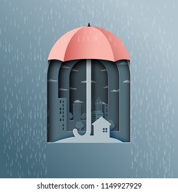 Monsoon background with umbrella protect the city from rain.Paper art style vector illustration.