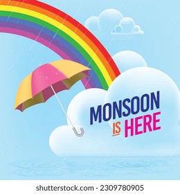 monsoon bakgroun. nubes modernas en el cielo con paraguas y arco iris