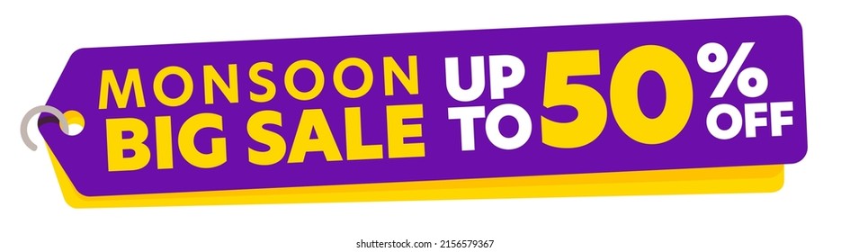 Monsoon big sale up to 50 percent off product tag design. Sale banner, promotion poster or discount sticker template for online shopping campaign vector illustration. Season or weekend sale