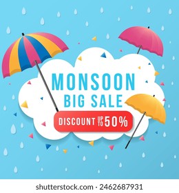 monsoon big sale banner promotion illustration with umbrella and clouds