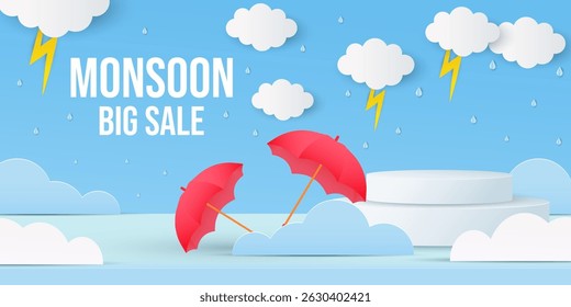 monsoon big sale horizontal banner illustration with podium