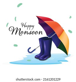 Monsoon concept Rubber rain shoes  and umbrella on puddle after rain. Vector illustrations. 