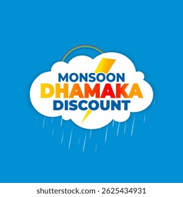 Logotipo de desconto Monsoon Dhamaka. Nuvem chuvosa com Sale, oferecer ofertas de design conceito de promoção.