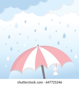 Monsoon end of season sale. Rainy details with cute umbrella, chasing rain doll  in cloudy background. Vector isolated.