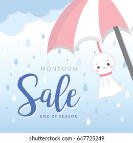 Monsoon end of season sale. Rainy details with cute umbrella, chasing rain doll  in cloudy background. Vector isolated.