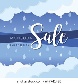 Monsoon end of season sale. Rainy details with cute umbrella in cloudy background. Vector isolated.