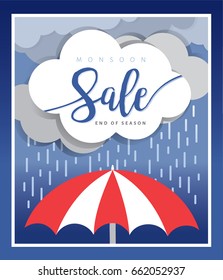 Monsoon end of season sale. Rainy details with cloudy background. Vector isolated.