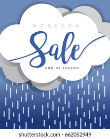 Monsoon end of season sale. Rainy details with cloudy background. Vector isolated.