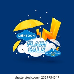 Monsoon flash sale 50 percent and yellow thunder sign on clouds. Shopping under umbrella in rain with special offer sale campaign or promotion. Template design for social media. Vector EPS10. 