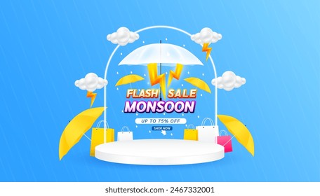 Monsoon flash sale. UP TO 75% OFF with yellow thunder sign. Shopping under umbrella in rain with special offer sale campaign promotion. For social media ads with blank product podium scene. Vector.