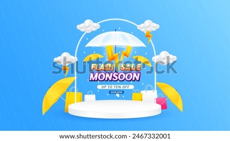 Monsoon flash sale. UP TO 75% OFF with yellow thunder sign. Shopping under umbrella in rain with special offer sale campaign promotion. For social media ads with blank product podium scene. Vector.