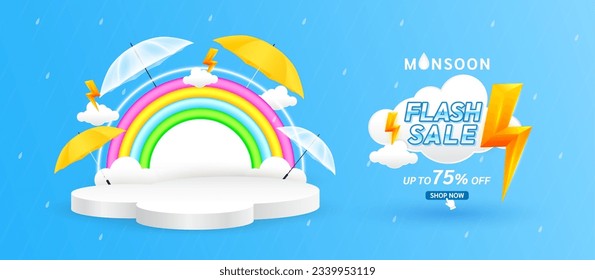 La venta flash del monzón es del 75 por ciento y el trueno amarillo en la nube. Comprar bajo el paraguas bajo la lluvia con una campaña especial de venta de ofertas. Para anuncios en medios sociales con escenas de podio de producto en blanco arco iris.