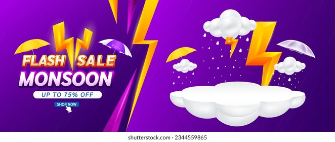 Monsoon flash sale 75 percent. Yellow thunder sign on clouds. Shopping under umbrella in rain with special offer sale campaign promotion. For social media ads with blank product podium scene. Vector.