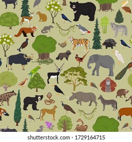 Monsoon forest biome, natural region seamless pattern. Terrestrial ecosystem world map. Animals, birds and vegetations design set. Vector illustration