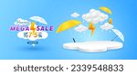 Monsoon mega sale 75 percent and yellow thunder on cloud. Shopping under umbrella in rain with special offer sale campaign promotion. For social media ads with blank product rainbow podium scene.