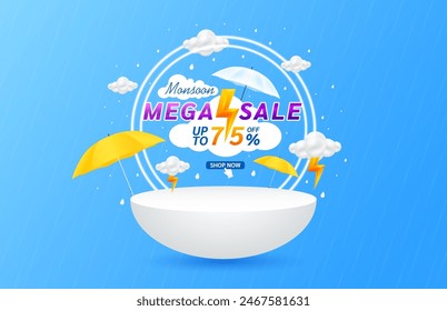 Monsoon Mega Sale 75 Prozent und Gelber Donner auf Wolke. Shopping unter Regenschirm mit Sonderangebot Verkaufsaktion. Für Social-Media-Anzeigen mit leerem Produkt Regenbogen-Podiumszene.