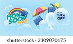 monsoon mega sale banner template. shopping bas under umbrella in clouds