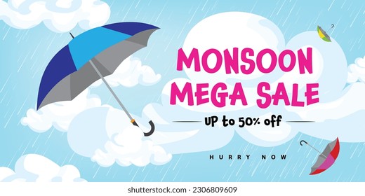 monsoon mega sale banner template with umberallas flying in rainy monsoon background