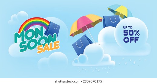 monsoon mega sale banner template. shopping bas under umbrella in clouds