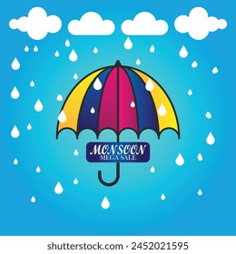  Monsoon Mega Sale Poster Design With Umbrella Decorated On white Clouds Background.