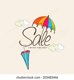 Monsoon offer banner design with colorful umbrellas and clouds on beige background. 