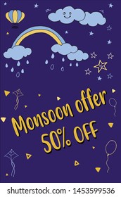 Monsoon offer kids banner with rainbow, cloud, stars, sun, fish, kite, club fish, balloons concept