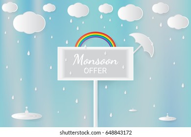 Monsoon Offer Sale Banner. Paper Art Design. Vector Illustration