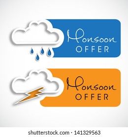 Monsoon offer and sale stickers, tags and labels with clouds.