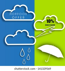 Monsoon offer and sale stickers, tags and labels with clouds and umbrella.