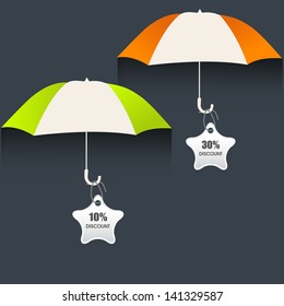 Monsoon offer and sale stickers, tags and labels with open umbrellas.