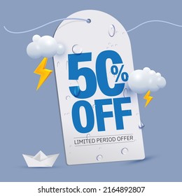 monsoon offer tag 50 percent off written on price tag surrounded with monsoon elements