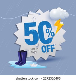 monsoon offer tag 50 percent off written on price tag surrounded with monsoon elements