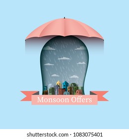 Monsoon offers banner backgroud with umbrella and city.Flat design vector illustration.