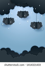 Monsoon, Rainy Season background . cloud rain hanging on blue sky. paper art style.vector.