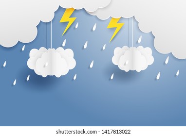 Monsoon, Rainy Season background . cloud rain and thunderbolt  hanging on blue sky. paper art style.vector.