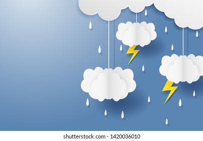 Monsoon, Rainy Season background . cloud rain and thunderbolt  hanging on blue sky. paper art style.vector.