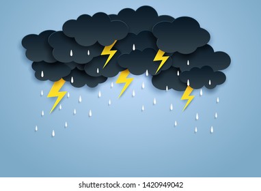 Monsoon, Rainy Season background . cloud rain and thunderbolt  hanging on blue sky. paper art style.vector.