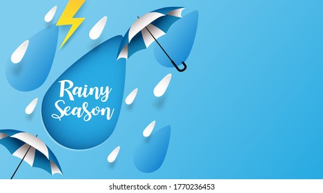 Monsoon, Rainy Season background. design with raining drops and umbrella blue sky background. paper art style. vector.