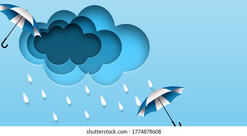 Monsoon, Rainy Season background. design with raining drops and umbrella blue sky background. paper art style. vector.