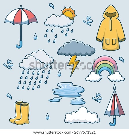 Monsoon or rainy Season. Cute element set illustration.
