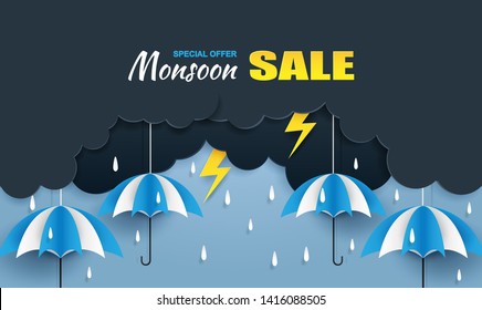 Monsoon, Rainy Season sale background . cloud rain ,thunderbolt and umbrella hanging on blue sky. paper art style.vector.