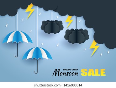 Monsoon, Rainy Season sale background . cloud rain ,thunderbolt and umbrella hanging on blue sky. paper art style.vector.