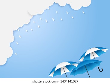 Monsoon, Rainy Season sale background . Cloud rain and umbrella  on blue sky. vector.